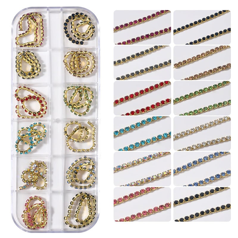 JERCLITY 1 Box 12 Strips Nail Chains for Nail Art Gold Alloy Metal Nail Art Chains Inlay Colorful Rhinestone for Acrylic Nail Art Punk Chain Nail Studs 3D Nail Chains Accessories for Women Nail Art - Image 3
